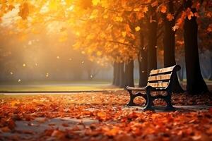 AI generated Bench in the park with autumn leaves on the ground. Autumn landscape. photo