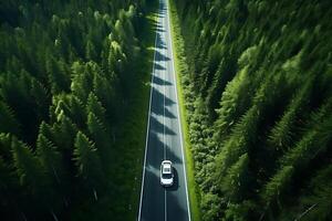 ai generado aéreo ver de autopista en el bosque. parte superior ver desde zumbido. foto