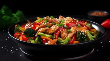 AI generated stir-fried chicken with vegetables and sesame on wooden background photo