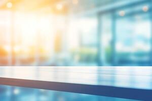 AI generated Abstract blurred interior of a modern office building with glass windows and reflections photo
