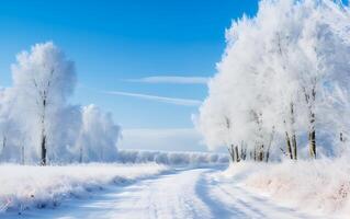 ai generado hermosa invierno paisaje con la carretera y arboles cubierto con escarcha foto