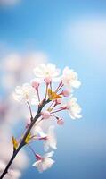 AI generated Cherry blossom on blue sky background. Soft focus with vintage filter photo