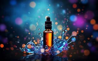 AI generated Cosmetic bottle with pipette and bubbles on dark background. 3d illustration photo