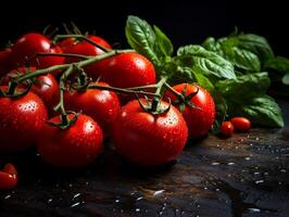 AI generated Fresh cherry tomatoes with basil on a black background. Selective focus. photo