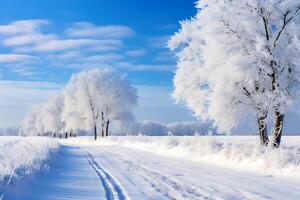 AI generated Winter rural landscape with road and trees covered with hoarfrost. photo