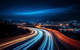 ai generado autopista en el montañas a noche con movimiento difuminar y azul cielo foto