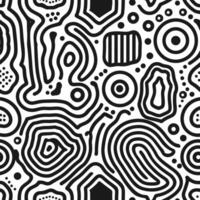 Seamless pattern with simple lines and shapes in black on white background, an array of small and medium-sized hand drawn line art circles, squares, triangles, dots, and wavy thick and thin strokes vector