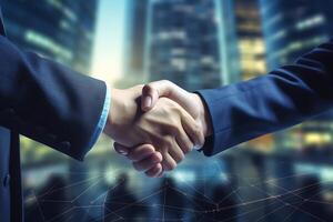 AI generated Business people shaking hands, finishing up a meeting. Concept of partnership photo