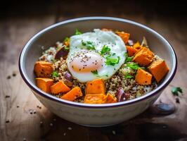AI generated Baked sweet potato with poached egg in a bowl on dark wooden background photo