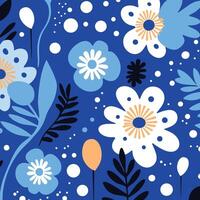 Flowers Blue and White Pattern Fabric, Nature-Inspired Shapes, Bold Graphic Design Elements, Rounded Shapes, Bold Primary Colors vector