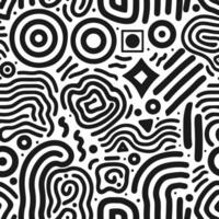 Seamless pattern with simple lines and shapes in black on white background, an array of small and medium-sized hand drawn line art circles, squares, triangles, dots, and wavy thick and thin strokes vector
