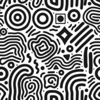 Seamless pattern with simple lines and shapes in black on white background, an array of small and medium-sized hand drawn line art circles, squares, triangles, dots, and wavy thick and thin strokes vector