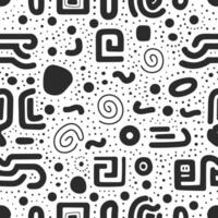 Seamless pattern with simple lines and shapes in black on white background, an array of small and medium-sized hand drawn line art circles, squares, triangles, dots, and wavy thick and thin strokes vector