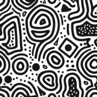 Seamless pattern with simple lines and shapes in black on white background, an array of small and medium-sized hand drawn line art circles, squares, triangles, dots, and wavy thick and thin strokes vector