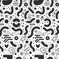 Seamless pattern with simple lines and shapes in black on white background, an array of small and medium-sized hand drawn line art circles, squares, triangles, dots, and wavy thick and thin strokes vector