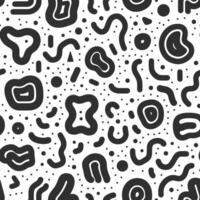 Seamless pattern with simple lines and shapes in black on white background, an array of small and medium-sized hand drawn line art circles, squares, triangles, dots, and wavy thick and thin strokes vector