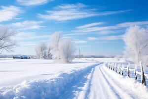 AI generated Winter landscape with trees covered with hoarfrost on a sunny day photo