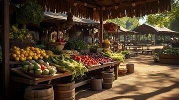 ai generado frutas y vegetales para rebaja a el agricultores mercado en el pueblo foto