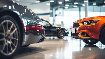 AI generated A lineup of colorful luxury cars in a show room, showcasing a prominent yellow car in front with a focus on the headlight and grille photo