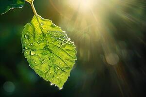 AI generated A close-up of a green leaf with water droplets under sunlight, highlighting the intricate patterns and fresh appearance of the foliage photo
