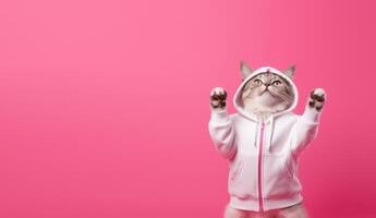 AI generated Fashion-forward cat in sunglasses and hoodie strikes a playful pose on a pink background, with ample space for your text photo