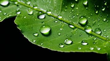 AI generated A close-up of a green leaf with water droplets under sunlight, highlighting the intricate patterns and fresh appearance of the foliage photo
