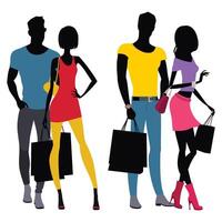 Silhouettes of Two Couples of People with Bags in Shopping vector