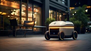 AI Generated The photo shows a compact, autonomous delivery robot with a polished design, navigating a corridor indoors, possibly ready for contactless delivery