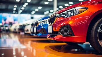 ai generado un de cerca ver de un brillante rojo coche en un sala de exposición con otro vehículos en el antecedentes. el atención es en el frente faro y reja zona foto