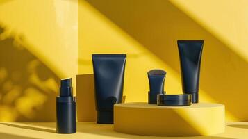 AI generated Navy blue cosmetic packages on a yellow background with shadows, a tube, jar, and bottle on pedestals photo