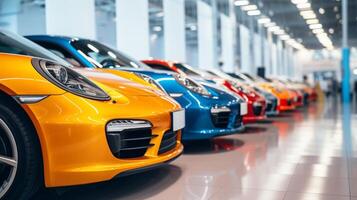 AI generated A lineup of colorful luxury cars in a show room, showcasing a prominent yellow car in front with a focus on the headlight and grille photo