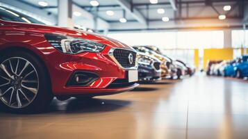 ai generado un de cerca ver de un brillante rojo coche en un sala de exposición con otro vehículos en el antecedentes. el atención es en el frente faro y reja zona foto