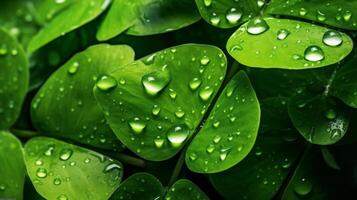 AI generated A close-up of a green leaf with water droplets under sunlight, highlighting the intricate patterns and fresh appearance of the foliage photo