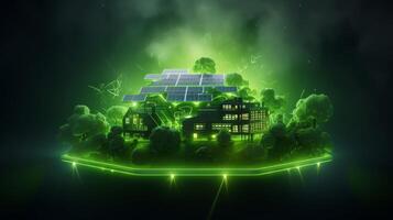 ai generado esta es un 3d hacer de un futurista inteligente hogar con brillante verde líneas, presentando un techo cubierto con solar paneles, simbolizando sostenible energía dentro un paisaje urbano foto