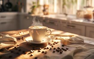 AI generated A steaming cup of coffee with latte art on a saucer decorated with coffee beans, on a rustic wooden table in a cozy kitchen setting photo