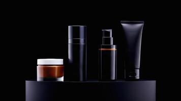 AI generated Black skin care products on a dark round podium stand with copy space and place for text, mockup, template, on a black to gray gradient background photo