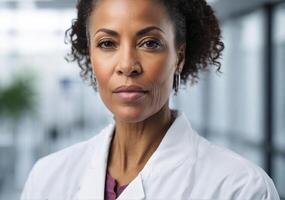 AI generated Middle aged African American woman doctor in hospital, white colors photo