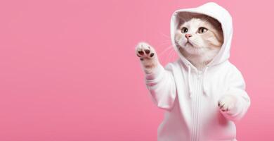 AI generated Fashion-forward cat in sunglasses and hoodie strikes a playful pose on a pink background, with ample space for your text photo