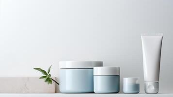 AI generated Blank cosmetic containers in a row on a shelf, with a minimalist background. Ideal for branding mockups photo