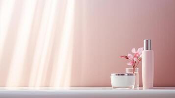 AI generated A serene cosmetic mockup with a pastel tone cream jar and lotion bottle, accompanied by delicate pink flowers, all bathed in soft light photo