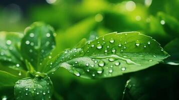 AI generated A close-up of a green leaf with water droplets under sunlight, highlighting the intricate patterns and fresh appearance of the foliage photo