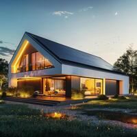 AI generated An eco-friendly modern house with large solar panels on the roof during dusk, showcasing sustainable living and energy efficiency photo