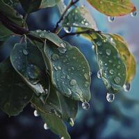 AI generated A close-up of a green leaf with water droplets under sunlight, highlighting the intricate patterns and fresh appearance of the foliage photo