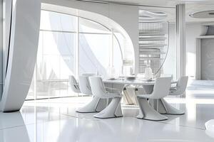 AI generated futuristic white space station style interior of dining room photo