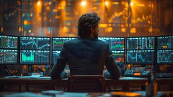 AI generated Back view of a financial analyst day trader working on computer with many screens that shows real-time stock data. photo