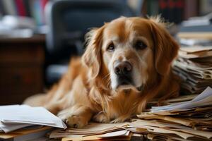 AI generated dog in an office, overwhelmed by a mountains of paperwork photo