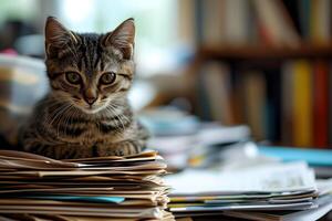 AI generated kitten in an office, overwhelmed by a mountains of paperwork photo