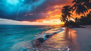 ai generado tropical playa ver a nublado Tormentoso puesta de sol con blanco arena, turquesa agua y palma árboles, neural red generado imagen foto