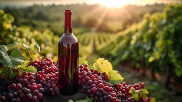 AI Generated A red wine bottle in front of a landscape of grape farmland. photo