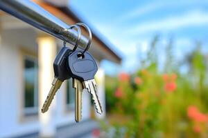 AI generated Keys in front of new house at sunny summer morning or evening photo